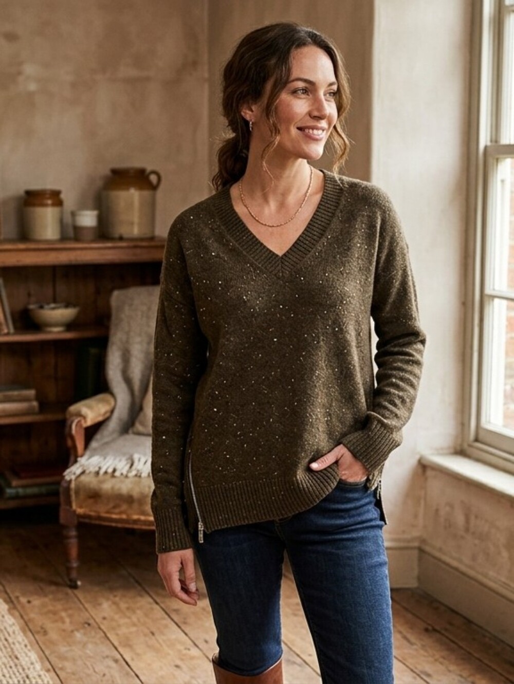 Knyt & Lynk 100% Cashmere V-Neck Sweater Side Zip Olive Brown Speckled Size L